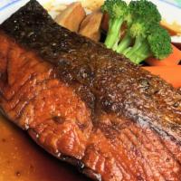 Salmon Teriyaki · Scottish salmon with carrots, broccoli, and potatoes.