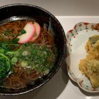 Tempura Soba · Thin buckwheat noodle in hot soup with shrimp and vegetables tempura.
