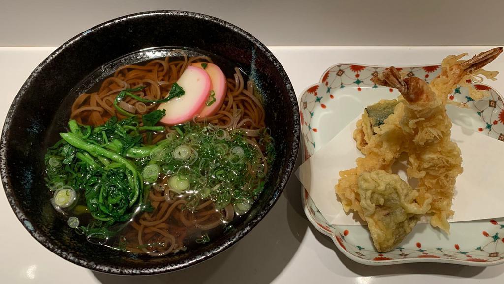 Tempura Soba · Thin buckwheat noodle in hot soup with shrimp and vegetables tempura.