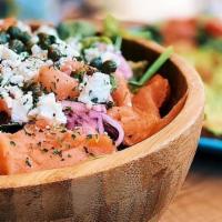 Soul Salad · Mix green, smoked salmon, cherry tomatoes, capers, onion,  goat cheese.