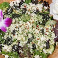 Feta Salad · Mix green, cucumbers, black olives, avocado, feta cheese, egg