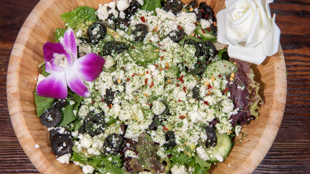 Feta Salad · Mix green, cucumbers, black olives, avocado, feta cheese, egg