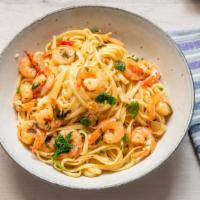 Shrimp Linguine Pasta · Cooked shrimp with choice of sauce in fresh made linguine pasta.