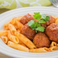 Meatball Penne Pasta · Fresh beef meatballs mixed with penne pasta and choice of sauce.