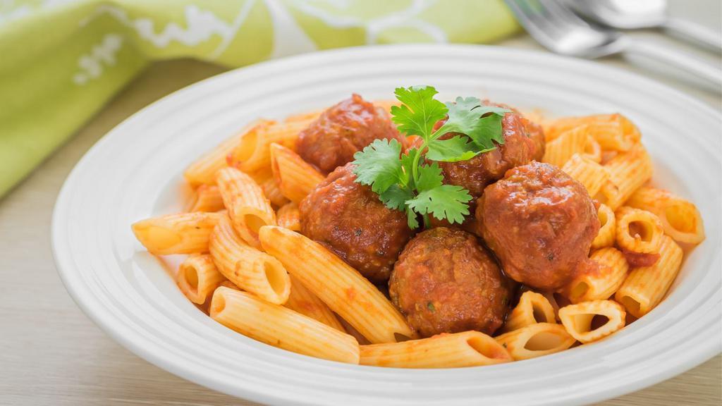 Meatball Penne Pasta · Fresh beef meatballs mixed with penne pasta and choice of sauce.