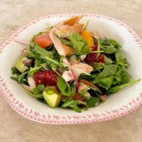 Smoked Trout Salad · Smoked trout on the wood fire, grapefruit, blood orange, avocado & arugula salad, with a lem...