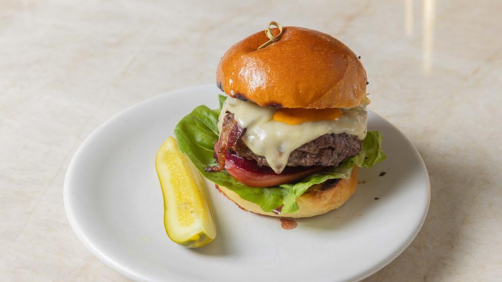 Dante'S Signature Burger · Smoked bacon, gruyere, beets, tomato & lettuce.