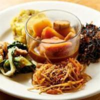 5 Vegetable Obansai Plates · Kinpira, Yuzu Julienne Vegetables, Tahini baby boc choy/fried tofu goma-ae, Wasabi Guacamole...