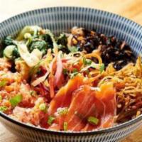 Salmon Rice Bowl · With sashimi and tartar. Kinpira, daikon pickles, gomaae, and hijiki on Japanese or multi-gr...