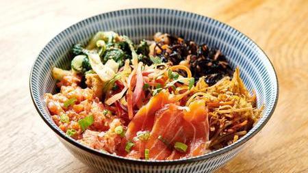 Salmon Rice Bowl · With sashimi and tartar. Kinpira, daikon pickles, gomaae, and hijiki on Japanese or multi-grain brown rice.
