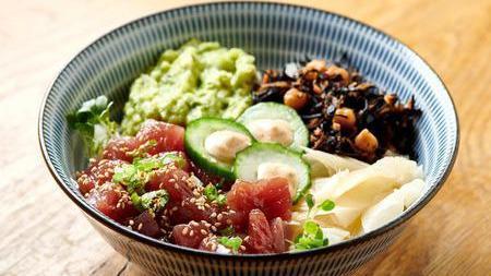 Wild Tuna Rice Bowl · Wasabi guacamole, cucumber, and hijiki seaweed with spicy aioli on Japanese or multi-grain brown rice.