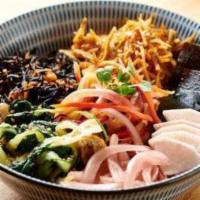Happy Macro Bowl · Daikon pickles or sprout, hijiki seaweed, kinpira, and tahini on Japanese or multi-grain bro...