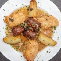 Chicken Scarpariello · Chicken, Italian sausage, potatoes sauteed in garlic, olive oil, lemon and capers. Served wi...