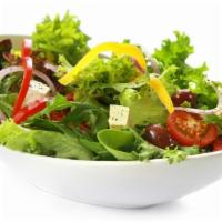 Tossed Salad Bowl · Fresh mixed greens tossed with tomatoes, onions, cucumbers, carrots, and green peppers with ...