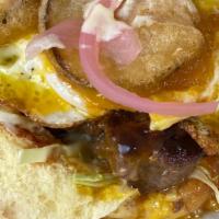 Anjin-San Teriyaki Burger · Beef Patty, wasabi aioli, tempura pickle, pickles red onion, cabbage, easy over egg, topped ...