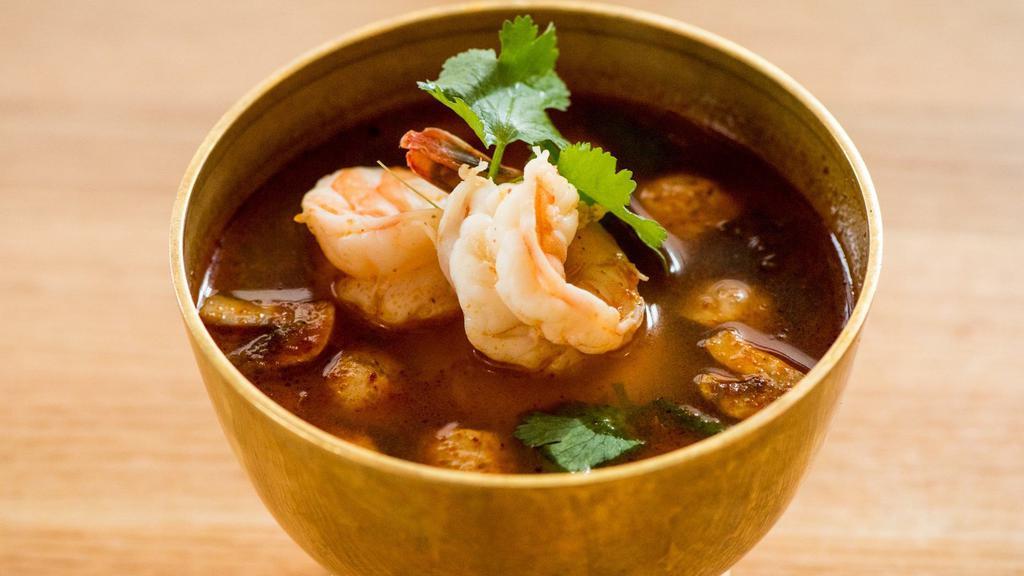Tom Yum · Spicy level 1, gluten-free. Choose either chicken, shrimp, vegetables, or tofu. This light and spicy tom yum broth simmered with galangal, lemongrass, onions, mushrooms, scallions, and cilantro.