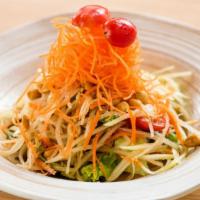 Papaya Salad · Spicy level 1, gluten-free. Shredded green papaya, tomatoes, string beans and peanuts tossed...