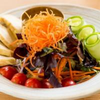 House Salad · Gluten-free. A variety of fresh garden greens with tomatoes, cucumbers, red onions and fried...
