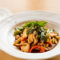 Queen Of Siam Basil · Spicy level 1. Sautéed with onions, bell peppers, Thai basil, in exotic spicy sauce.