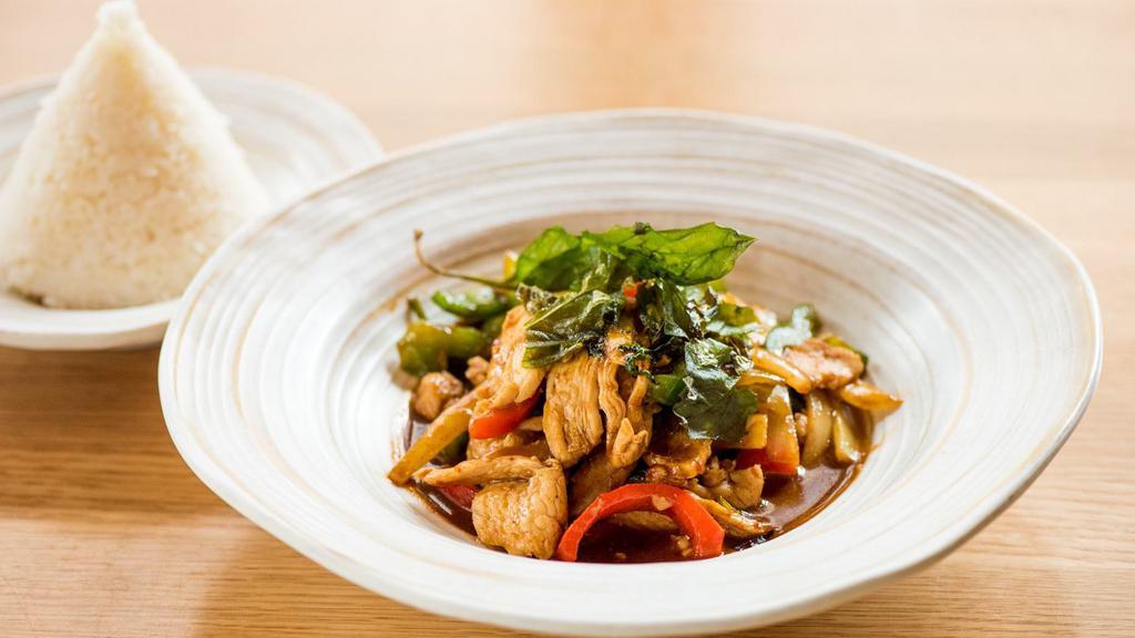 Queen Of Siam Basil · Spicy level 1. Sautéed with onions, bell peppers, Thai basil, in exotic spicy sauce.