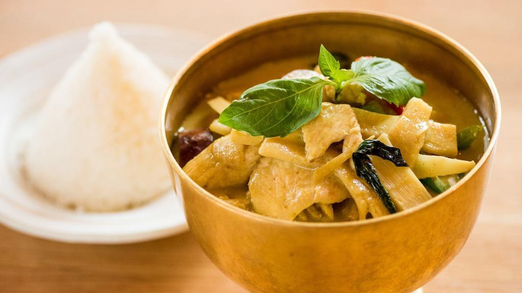 Green Curry · Spicy level 3. Bell peppers, bamboo shoots, eggplants, Thai basil, in creamy coconut and green chili curry sauce.  ** CANNOT BE MADE VEGAN OR GLUTEN FREE **