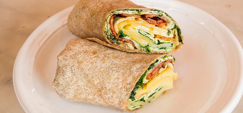 Power Wrap · 6 egg whites, turkey bacon, low fat swiss, spinach and tomato in a wheat wrap.