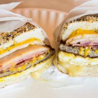 Lumber Jack · 3 eggs, bacon, sausage, ham, turkey, melted swiss and american cheese on an everything bagel.