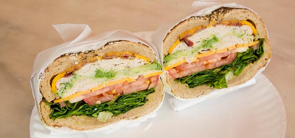 The California · Boars head oven gold turkey, cheddar cheese, bacon, lettuce, tomato and avocado on whole wheat everything bagel.