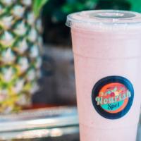 Strawberry Banana Slammer · Vegetarian, raw. Strawberries, banana, coconut cream, blended with almond milk & ice.