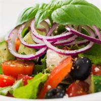 Greek Salad · A Delightful Mix of Romaine Hearts, Cucumbers, Red Onion, Cherry Tomatoes, Kalamata Olives, ...