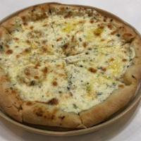 Four Cheese Pizza · A Luscious Blend of Mozzarella Ricotta, Feta and Parmesan Cheese.