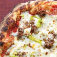 Italian Sausage · Spicy. Sausage, tomato sauce, fresh mozzarella, and pepperoncini (10