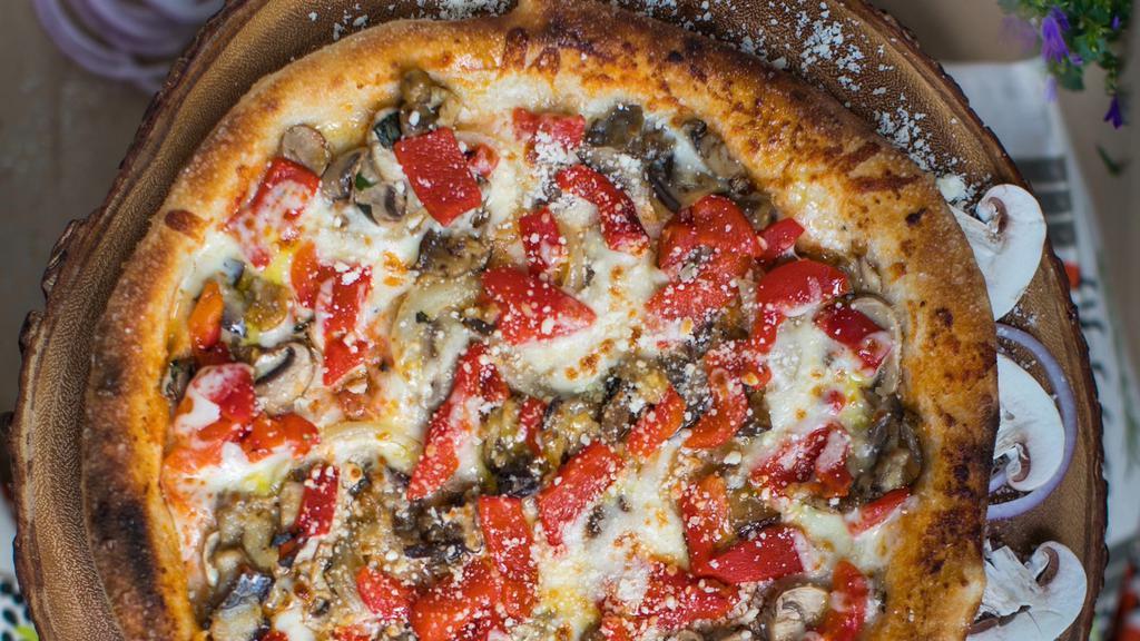 Vegetable · Vegetarian. Eggplant, roasted pepper, onion, mozzarella, and parmesan (10