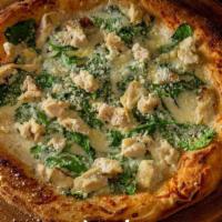 Chicken Spinach · Tomato sauce, grilled chicken strips, spinach, mozzarella, and parmesan cheese (10
