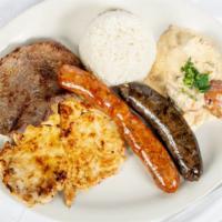 Combination Platter · Grilled steak, grilled chicken, sausage, blood sausage, sofrito-covered potatoes, rice, and ...