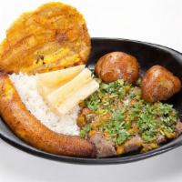 Grilled Flank Steak · Grilled flank steak served with rice, potato, cassava, and plantains.