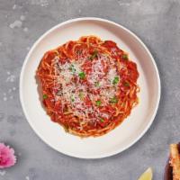 Classic Vegan Spaghetti · Spaghetti with marinara and melted vegan cheese.