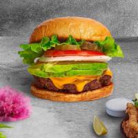 Even Avocado Vegan Burger · Seasoned Impossible burger patty topped with vegan cheese, avocado, lettuce, tomato, pickles...