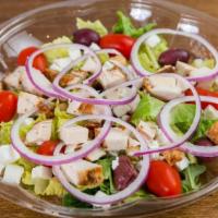 Mediterranean Salad · chopped romaine lettuce, plum tomatoes, cucumber, red onion, chickpeas, kalamata olives, and...