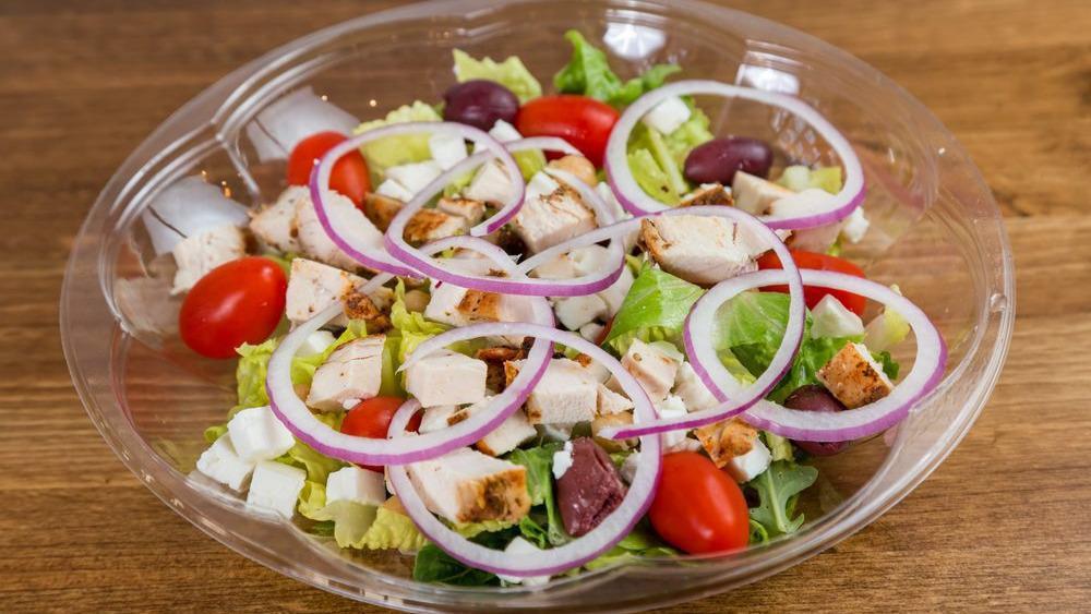 Mediterranean Salad · chopped romaine lettuce, plum tomatoes, cucumber, red onion, chickpeas, kalamata olives, and feta cheese  add grilled chicken.