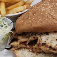 Grilled Chicken Sandwich (2) · Grilled Chicken breast on a bun with French fries