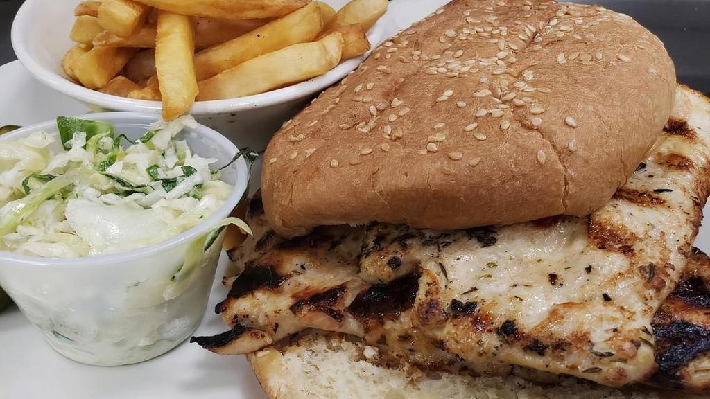 Grilled Chicken Sandwich (2) · Grilled Chicken breast on a bun with French fries