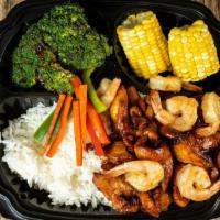 Chicken And Shrimp Teriyaki · With two sides.