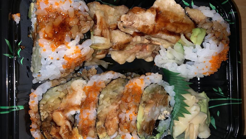Spider Roll · Deep-fried soft shell crab, lettuce and cucumber topped with tobiko.