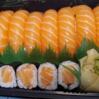 Salmon Girl · Eight pieces of salmon sushi and a spicy salmon roll.