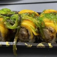 Ayame Roll · King crab, mango, avocado, cucumber, spring mix and masago wrapped in rice paper and chili y...