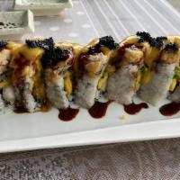 Hoboken Monster Roll · Spicy tuna, shrimp tempura, mango, avocado and masago inside, crispy soft shell crab, mango,...