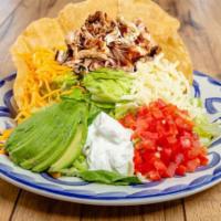 Tostada Salad · Grilled chicken, black beans, romaine, Jack
and cheddar cheese, avocado, sour cream
and toma...