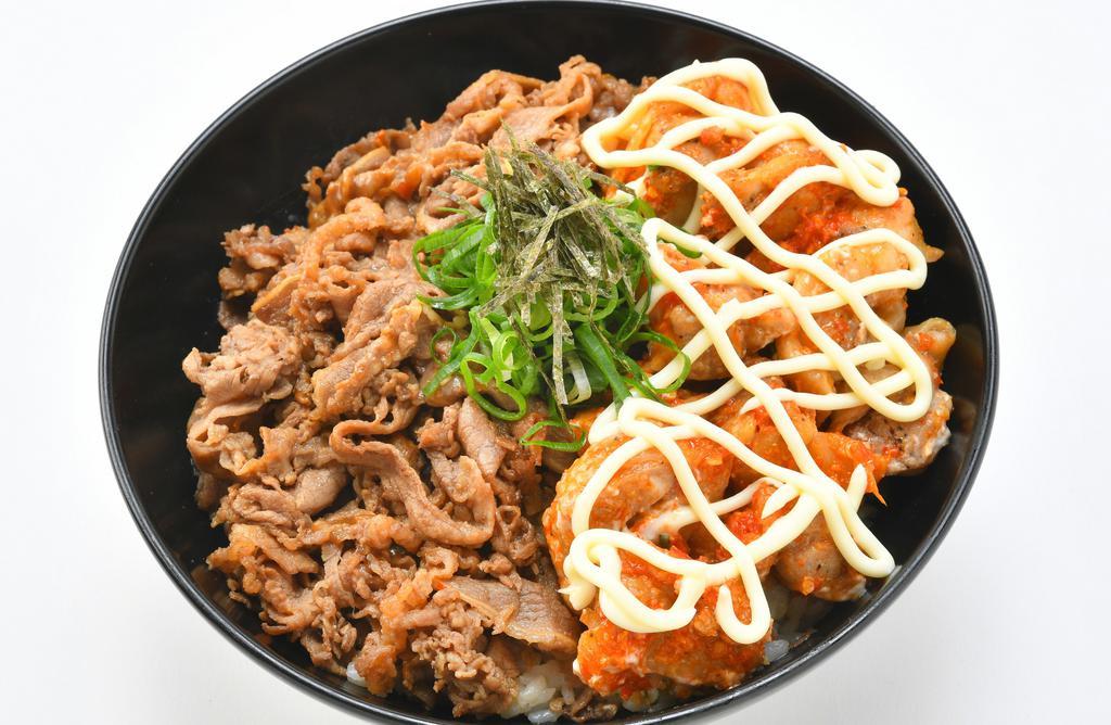 Special Bowl Combo · This item is a combination of our #1 and our #4. Half shredded beef and half spicy chicken topped with QP mayo (on the spicy chicken), green onions and nori.