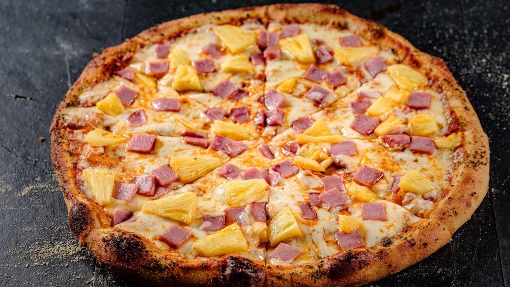 Hawaiian · An island classic with house cheese blend, Canadian bacon, local pineapple, and traditional red marinara sauce.